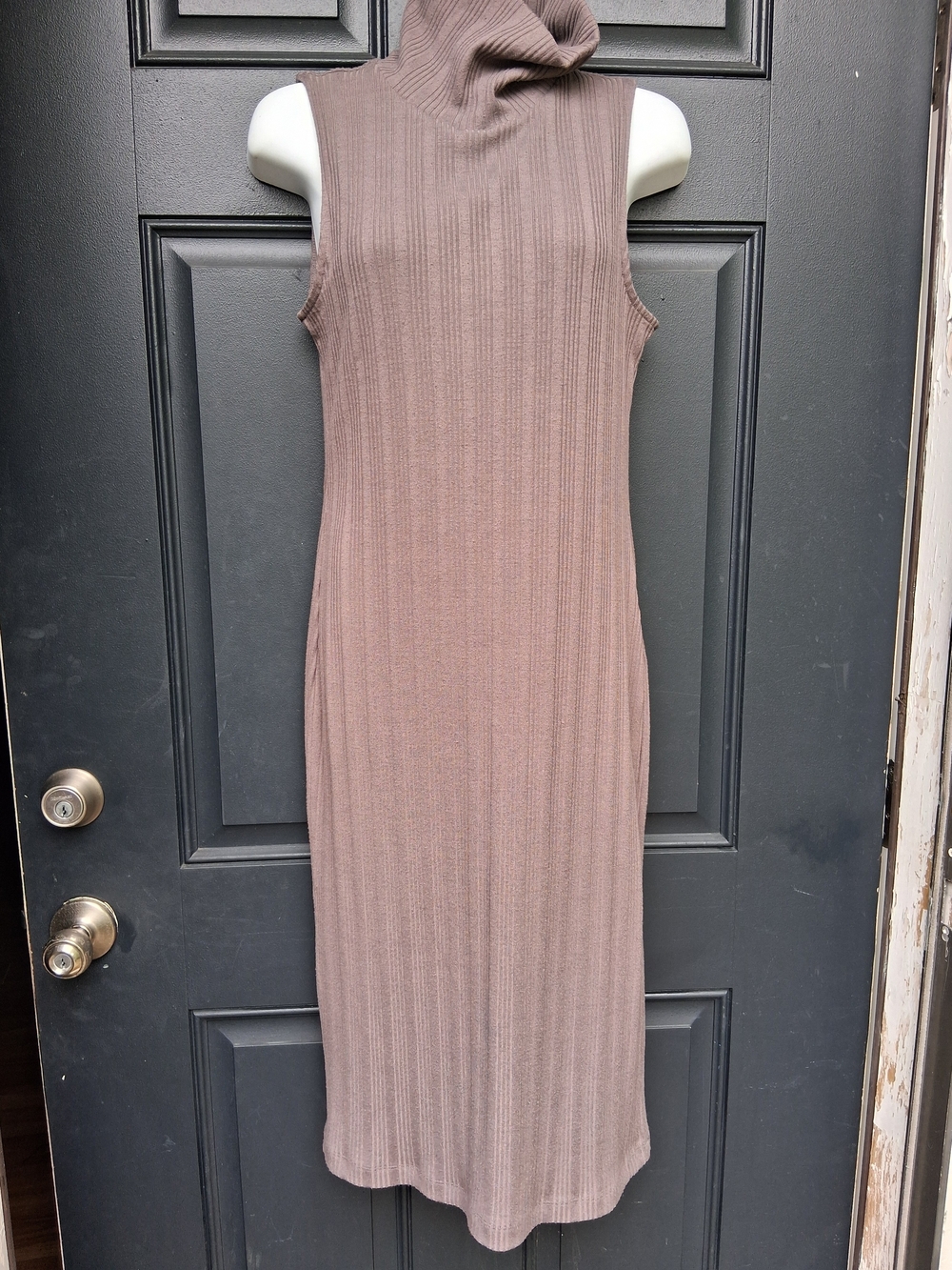 Nine West Taupe Sleeveless Ribbed Turtleneck Midi Dress